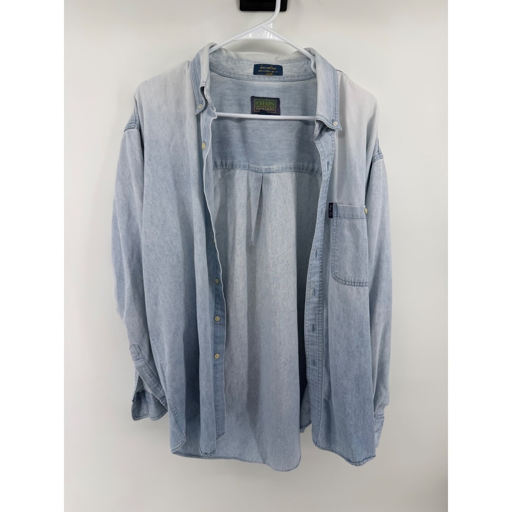 Chaps Ralph Lauren Mens Light Wash Denim Button Down Shirt Light Blue 16.5 34/35